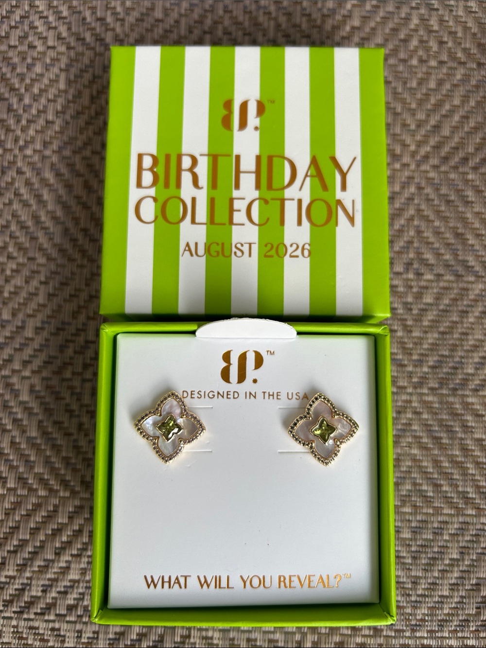 BP August 2026 Birthday Collection Gold CloverPeridot/Mother Pearl Stud Earrings